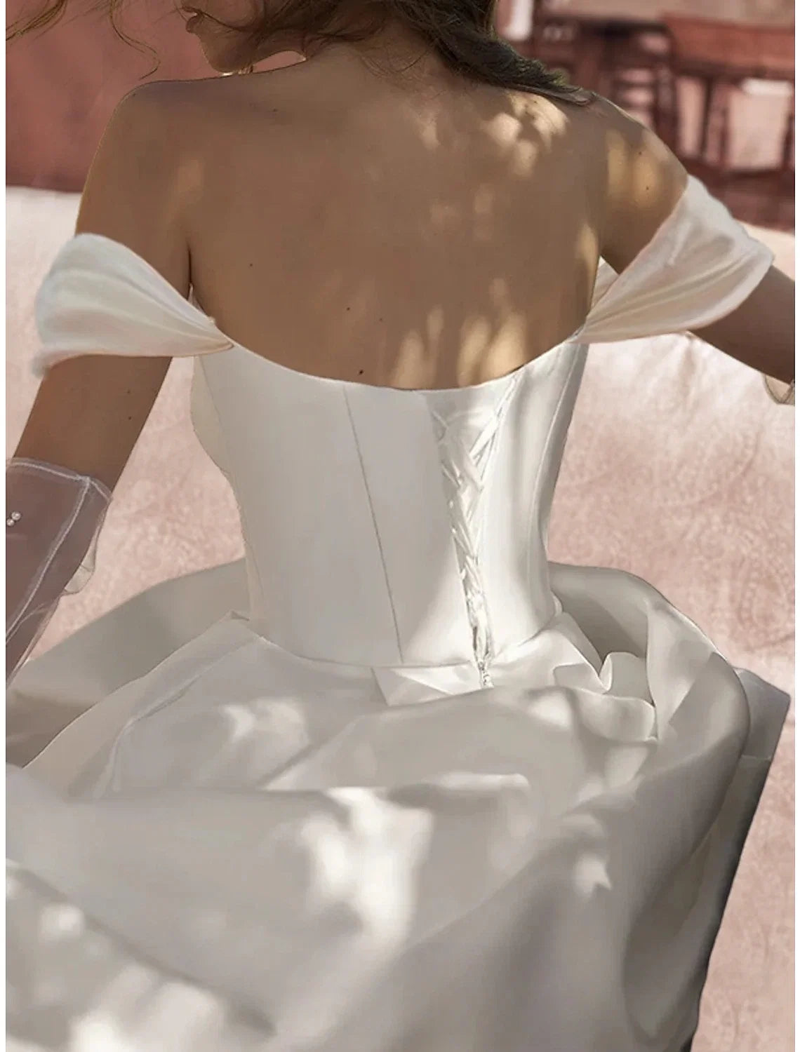 Ball Gown Off-Shoulder Satin Short Sleeve Train Mini Wedding Gown - Chloe Dress