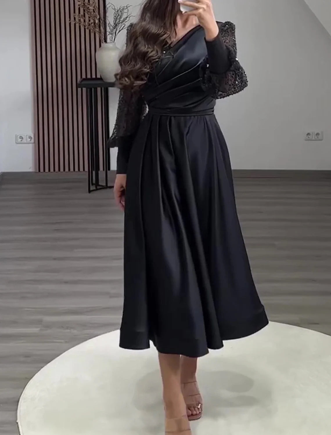 Black A-Line V-Neck Sequin Long Sleeve Tea-Length Wedding Dress - Chloe Dress