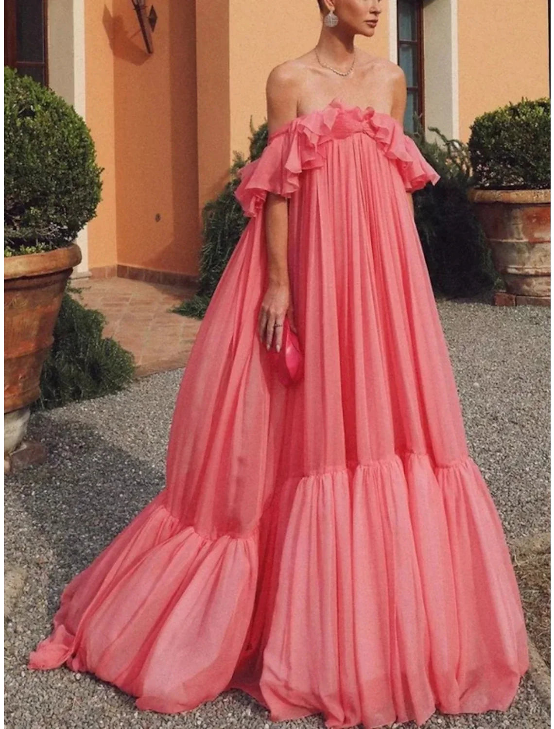 Sheath Off-Shoulder Tulle Short Sleeve Ruffled Mini Evening Gown - Chloe Dress