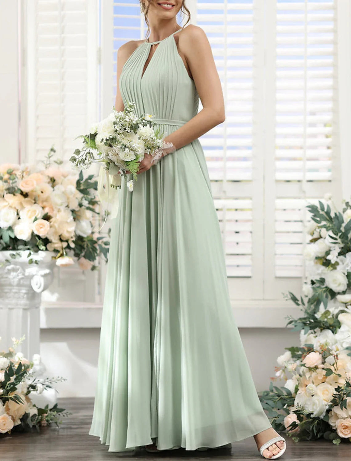 A-Line Halter Chiffon Short Sleeve Floor-Length Wedding Dress - Chloe Dress