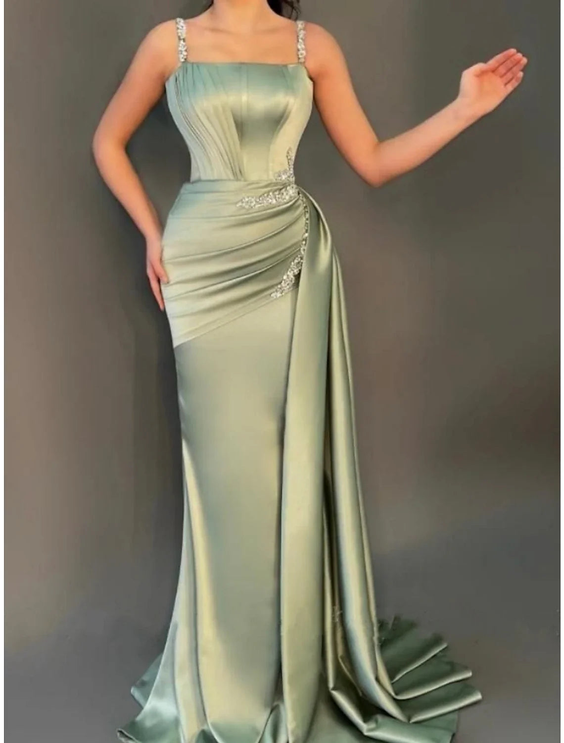 Green A-Line Spaghetti Strap Satin Sleeveless Pleated Evening Gown - Chloe Dress