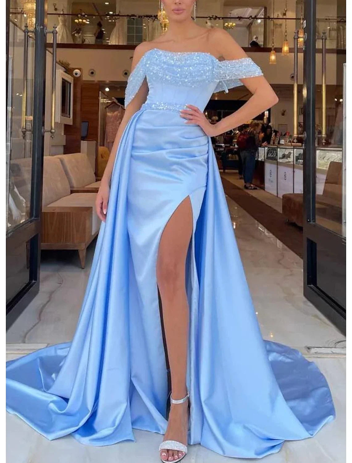 A-Line Off-Shoulder Satin Short Sleeve High Slit Mini Prom Dress - Chloe Dress