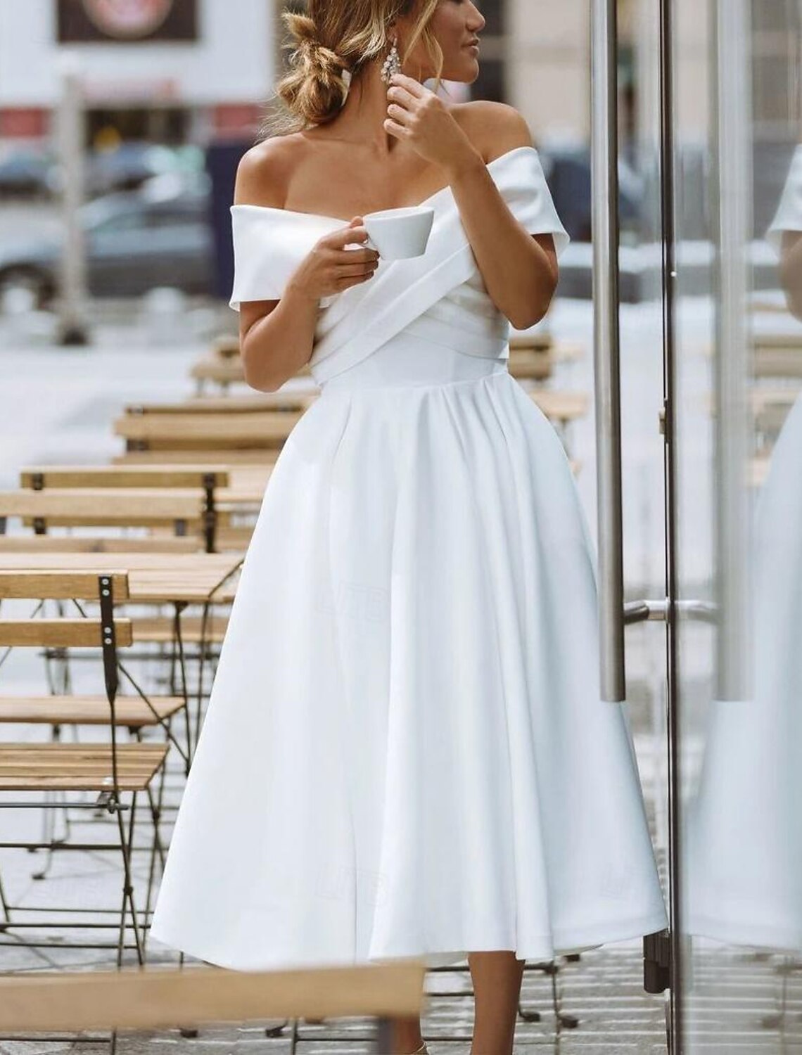 White A-Line Off-Shoulder Satin Short Sleeve Mini Wedding Gown - Chloe Dress