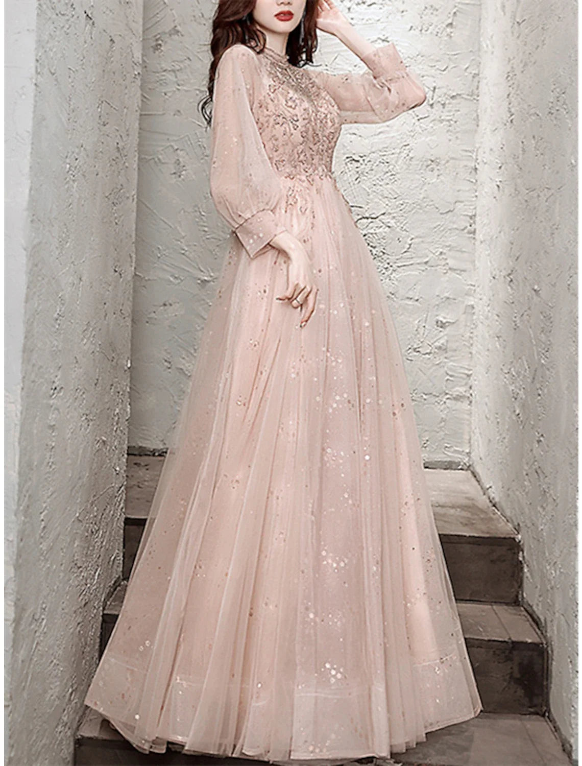 A-Line Tulle Long Sleeve Pleated Floor-Length Evening Dress - Chloe Dress