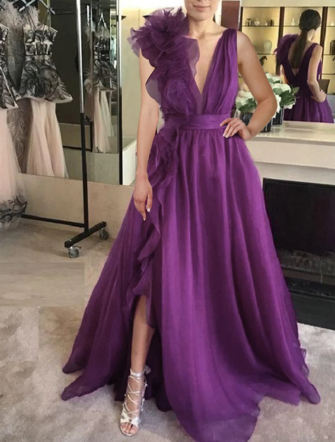 Green A-Line V-Neck Chiffon Sleeveless High Slit Floor-Length Evening Gown - Chloe Dress
