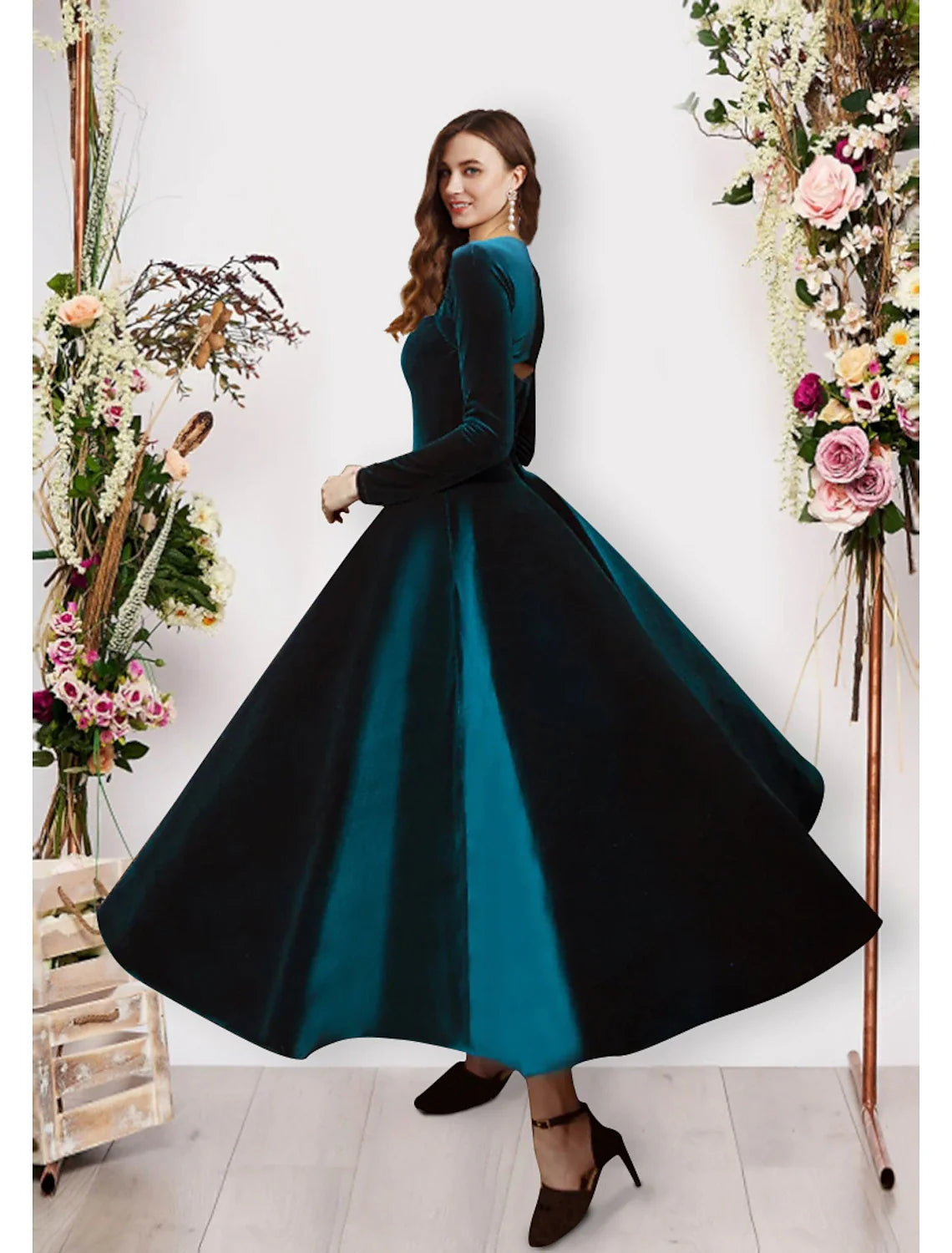 Ball Gown Square Neck Velvet Long Sleeve Ankle-Length Evening Gown - Chloe Dress