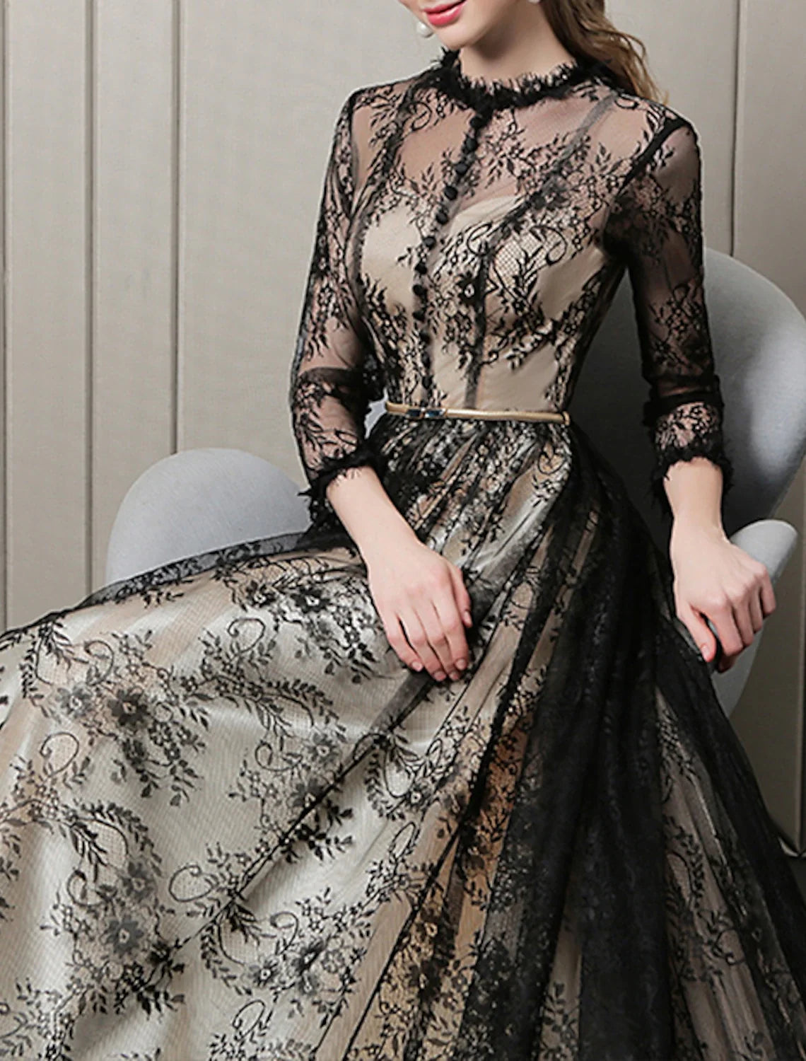 A-Line Lace Three-Quarter Sleeve Train Evening Gown - Chloe Dress