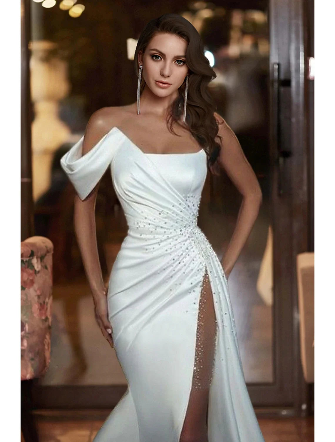 Mermaid Off-Shoulder Satin Sleeveless Train Wedding Gown - Chloe Dress