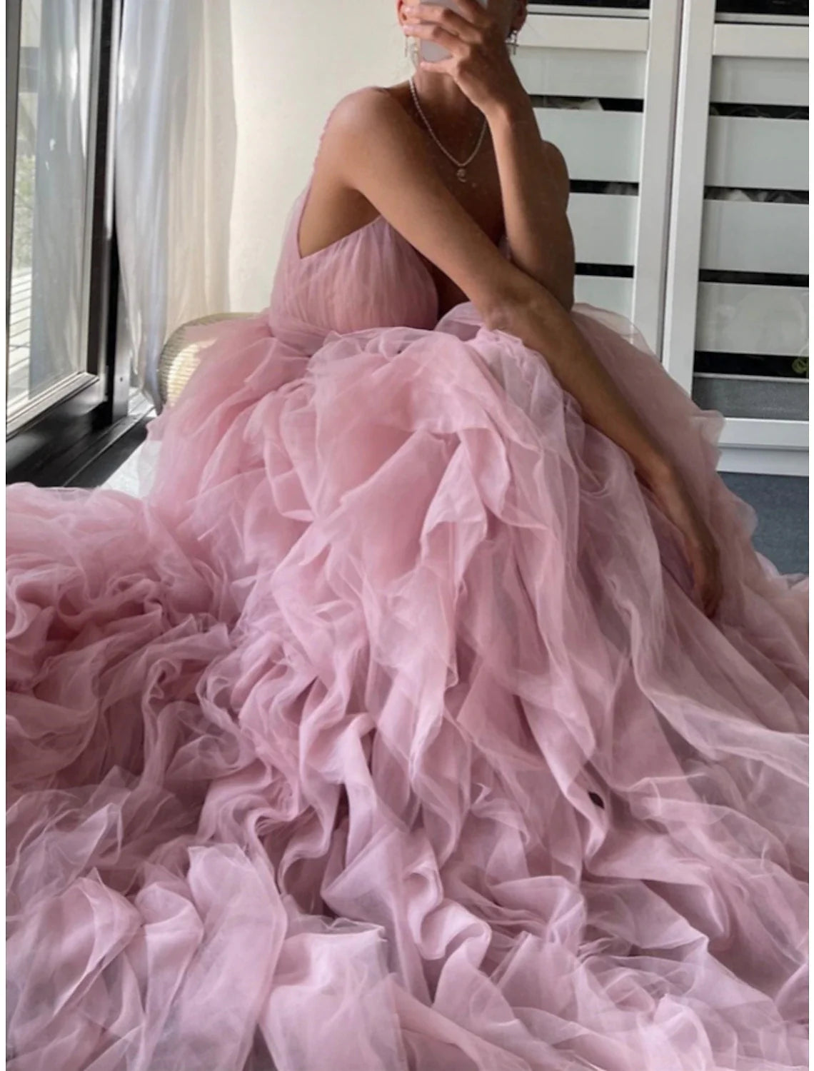 A-Line Spaghetti Strap Tulle Sleeveless Ruffled Floor-Length Prom Dress - Chloe Dress