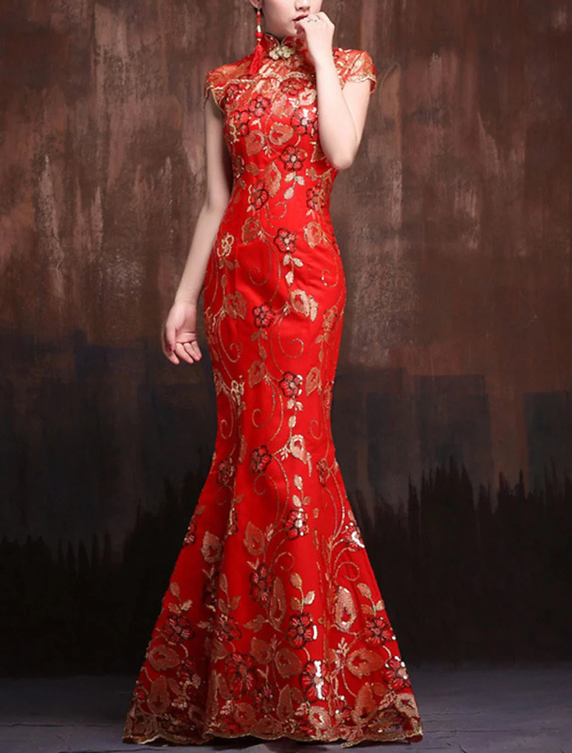 Mermaid High Neck Satin Short Sleeve Floor-Length Evening Gown - Chloe Dress
