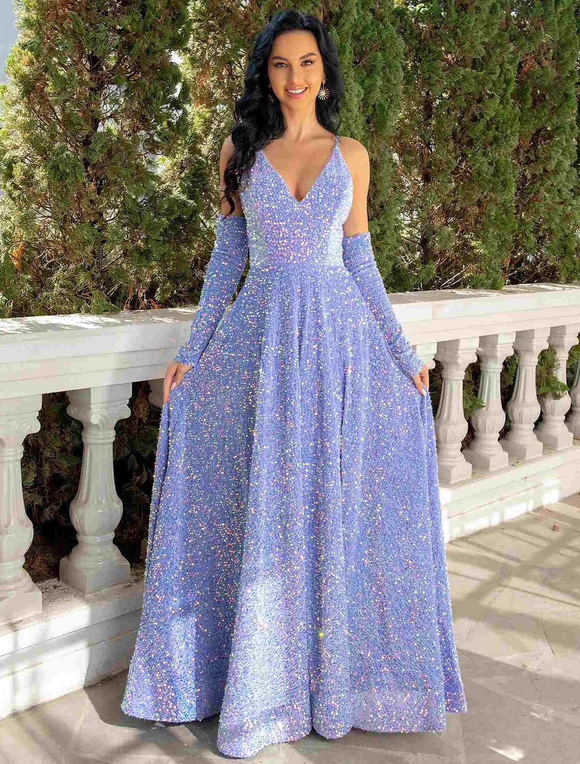 A-Line V-Neck Sequin Sleeveless Pleated Floor-Length Prom Dress - Chloe Dress