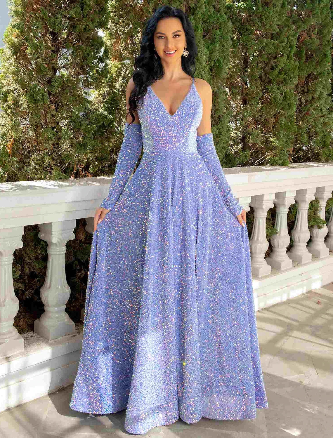A-Line V-Neck Sequin Sleeveless Pleated Floor-Length Prom Dress - Chloe Dress