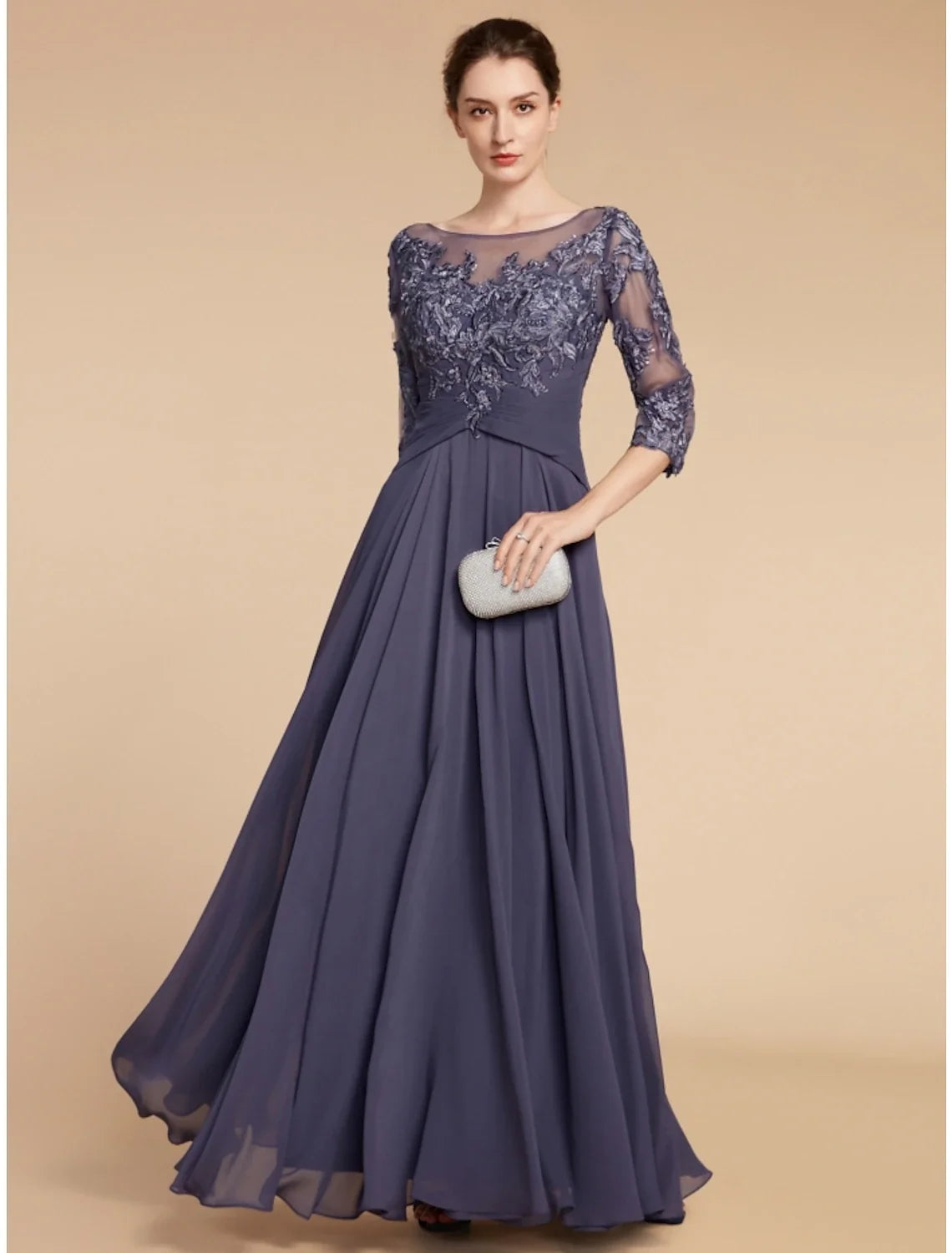 A-Line Chiffon Three-Quarter Sleeve Floor-Length Wedding Dress - Chloe Dress