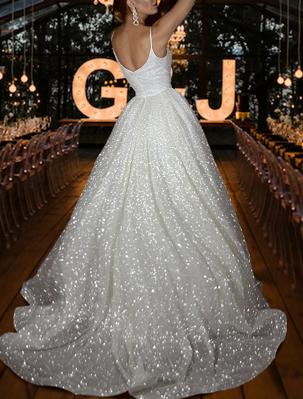 A-Line V-Neck Sequin Train Wedding Gown - Chloe Dress