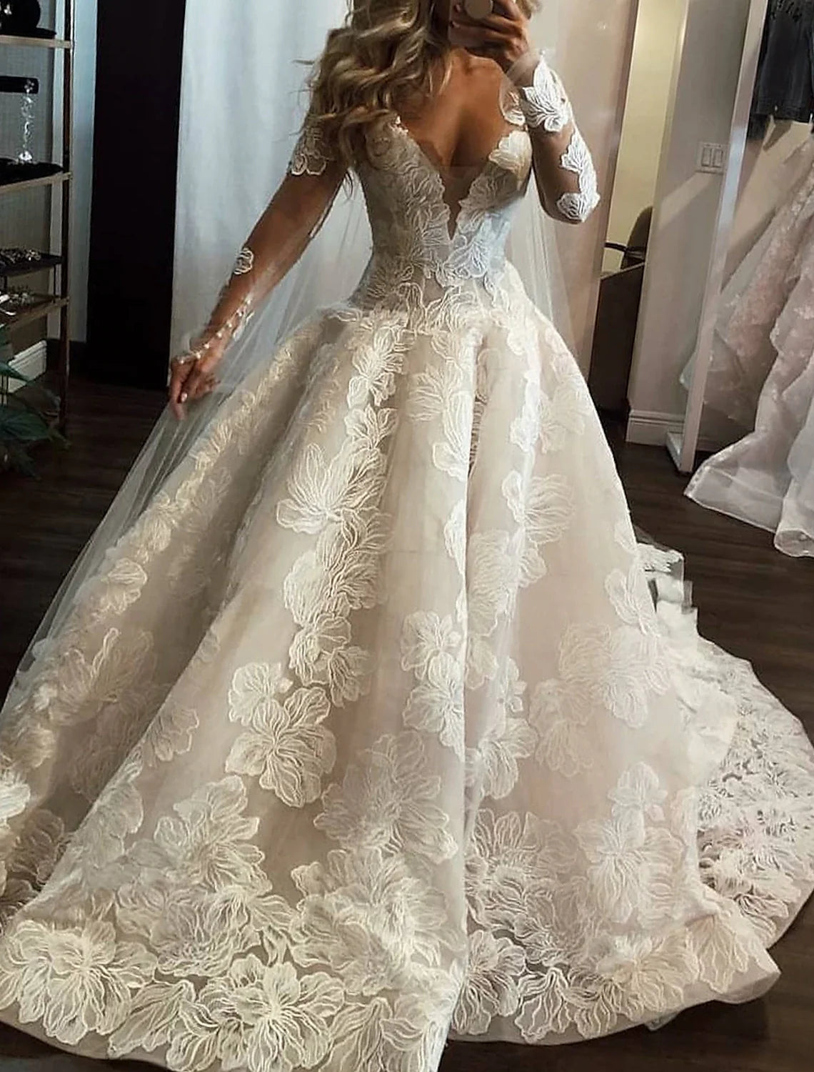 Ball Gown V-Neck Lace Long Sleeve Train Wedding Gown - Chloe Dress