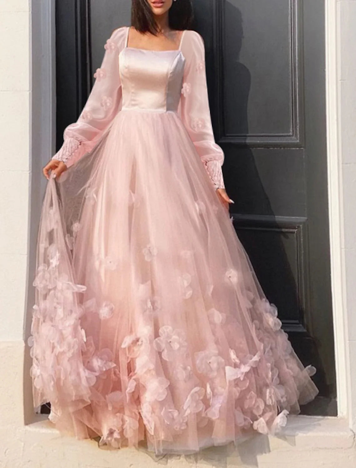 A-Line Tulle Long Sleeve Applique Floor-Length Prom Dress - Chloe Dress
