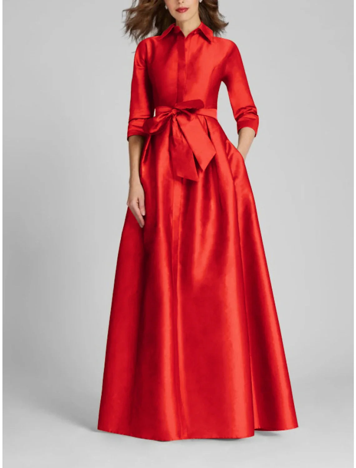 Champagne A-Line Satin Pleated Floor-Length Evening Gown - Chloe Dress