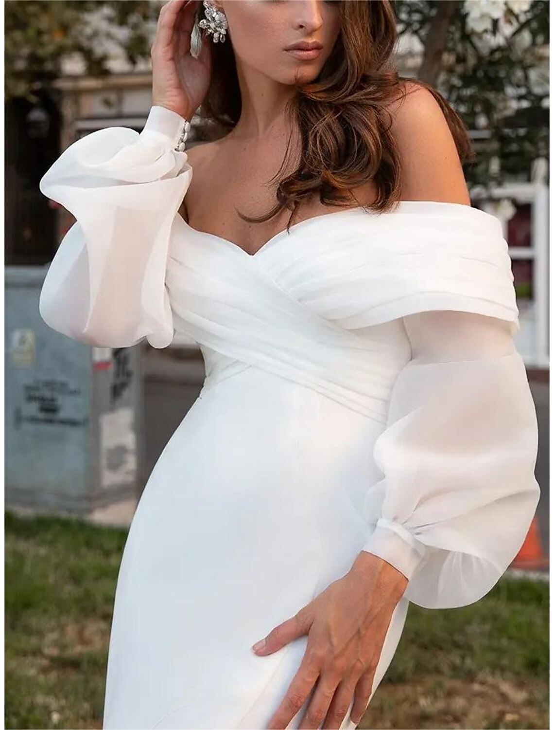 Mermaid Off-Shoulder Chiffon Long Sleeve Train Wedding Gown - Chloe Dress