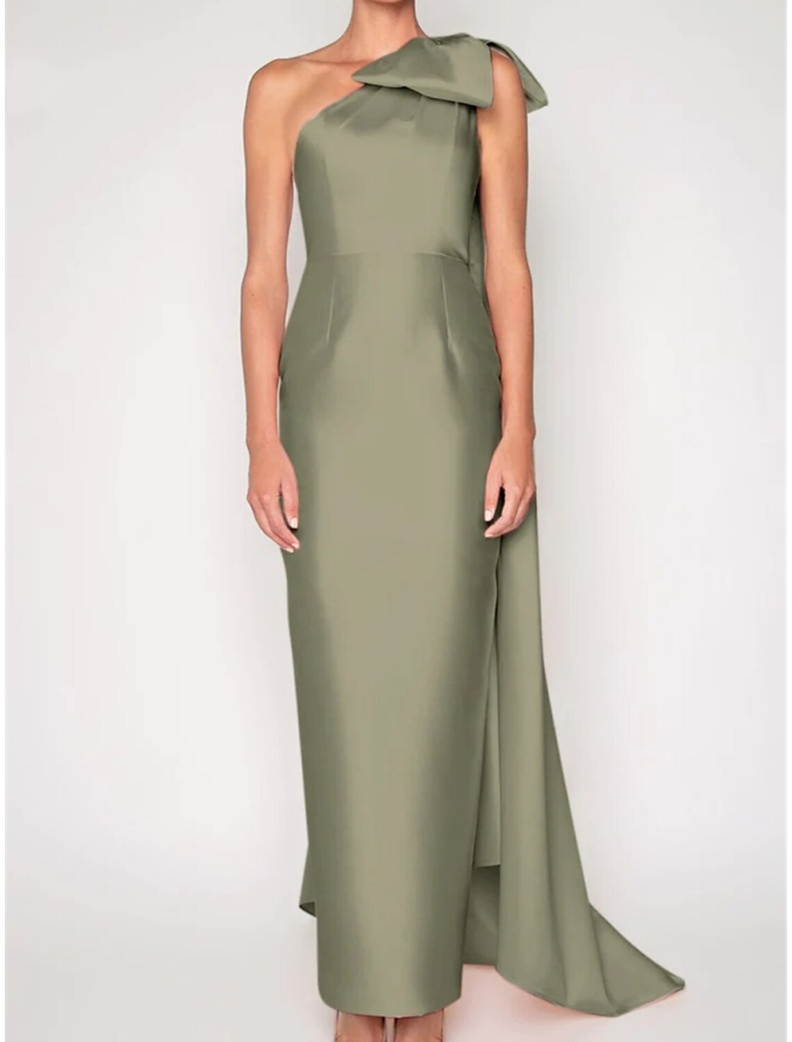 Green Sheath One-Shoulder Satin Sleeveless Train Evening Gown - Chloe Dress