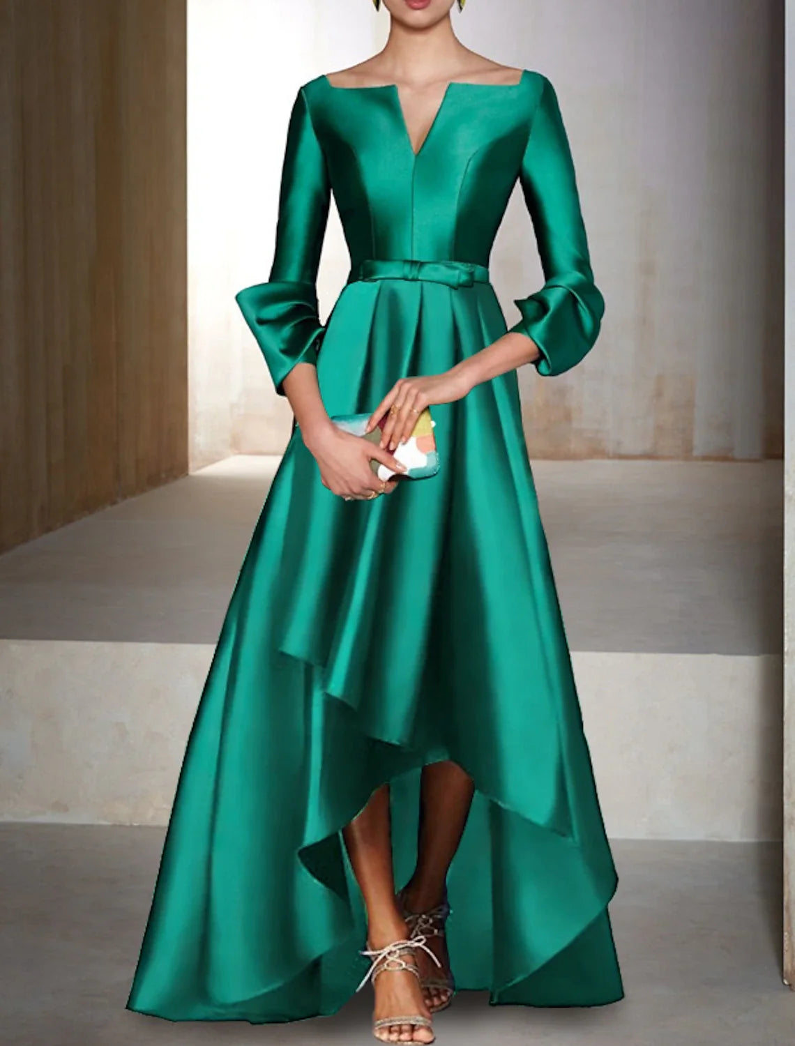 Green A-Line V-Neck Satin Three-Quarter Sleeve Floor-Length Evening Gown - Chloe Dress