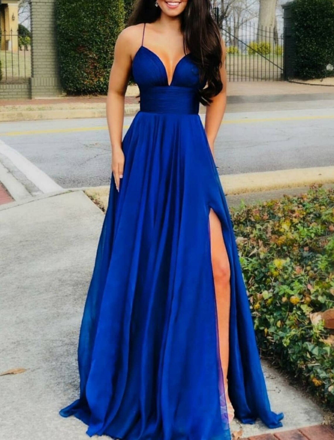 A-Line Spaghetti Strap Chiffon Sleeveless High Slit Evening Dress - Chloe Dress