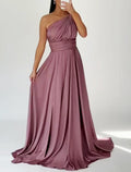 Black A-Line One-Shoulder Satin Sleeveless Train Evening Gown - Chloe Dress