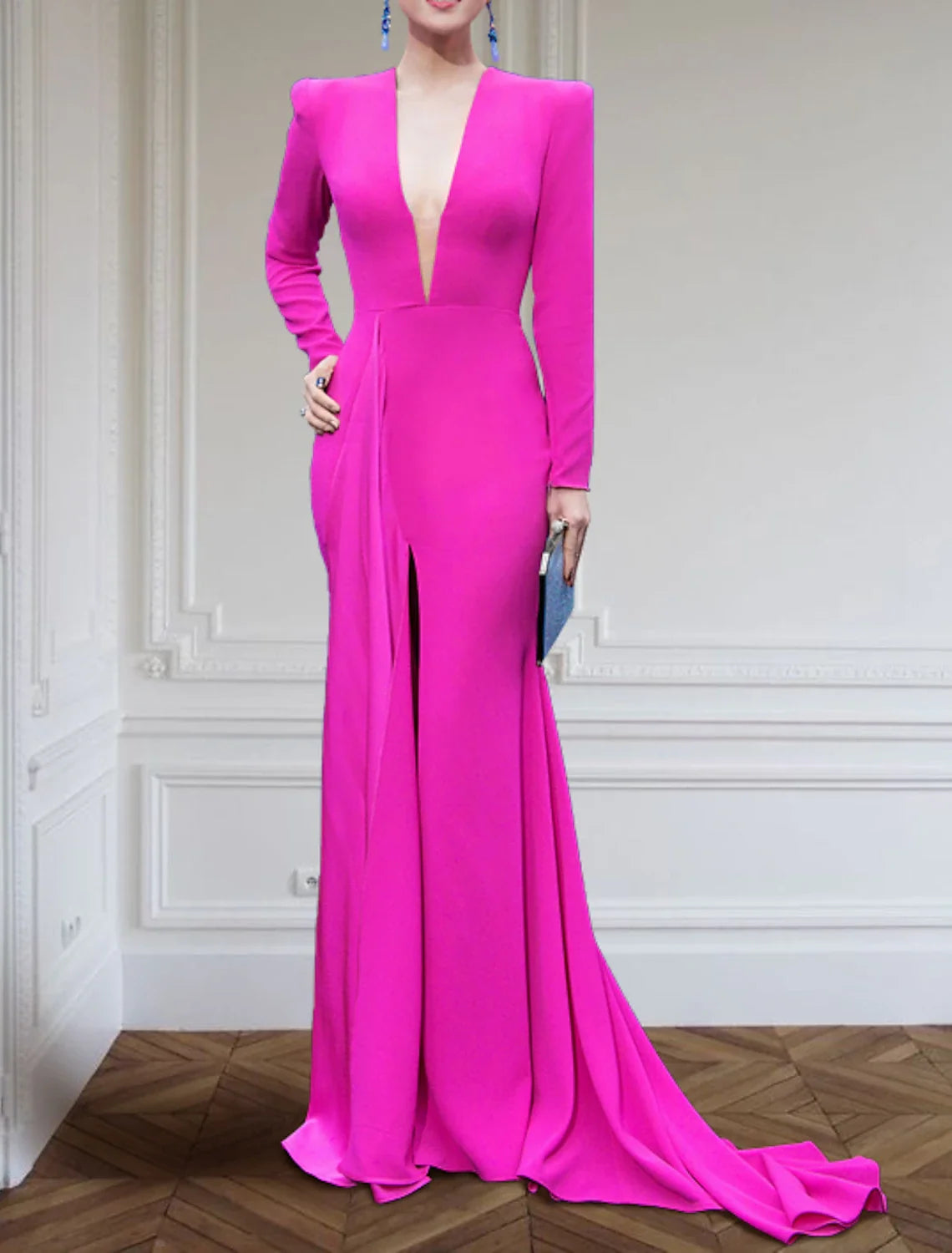 Champagne A-Line V-Neck Long Sleeve High Slit Evening Gown - Chloe Dress