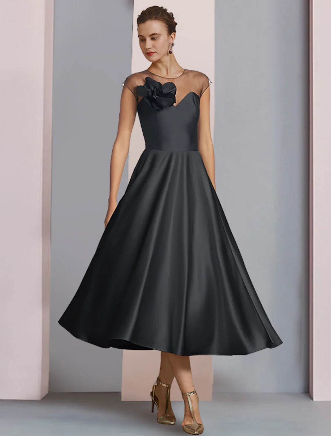 A-Line Satin Pleated Tea-Length Wedding Dress - Chloe Dress