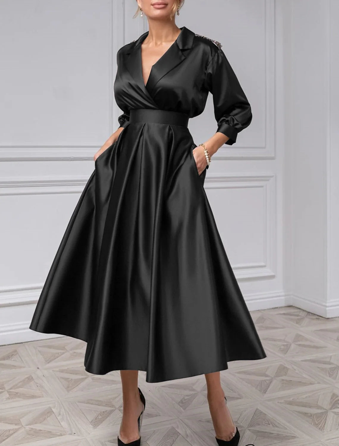 Black A-Line Satin Three-Quarter Sleeve Pleated Tea-Length Evening Dress - Chloe Dress