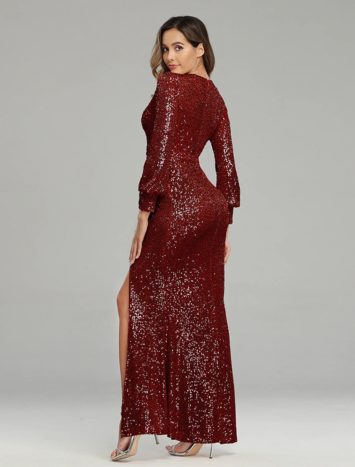Mermaid V-Neck Sequin Long Sleeve Floor-Length Evening Gown - Chloe Dress