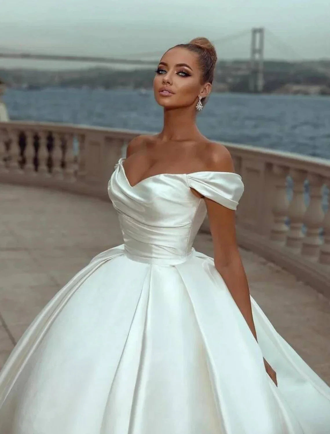 Ball Gown Off-Shoulder Satin Cap Sleeve Train Wedding Gown - Chloe Dress