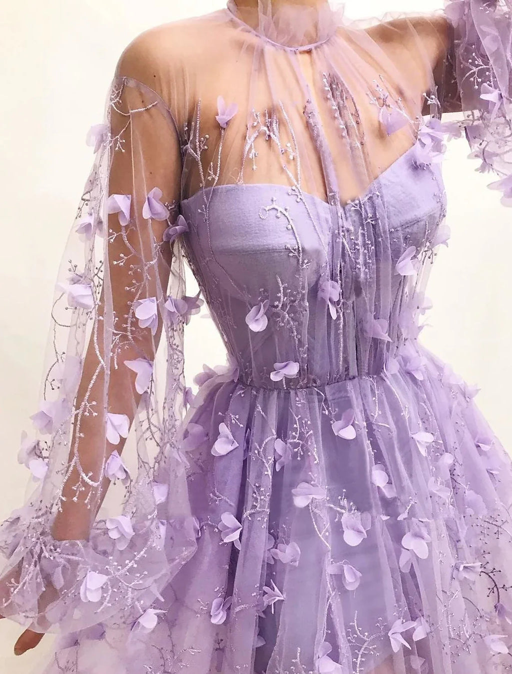 A-Line V-Neck Tulle Long Sleeve Applique Floor-Length Prom Dress - Chloe Dress