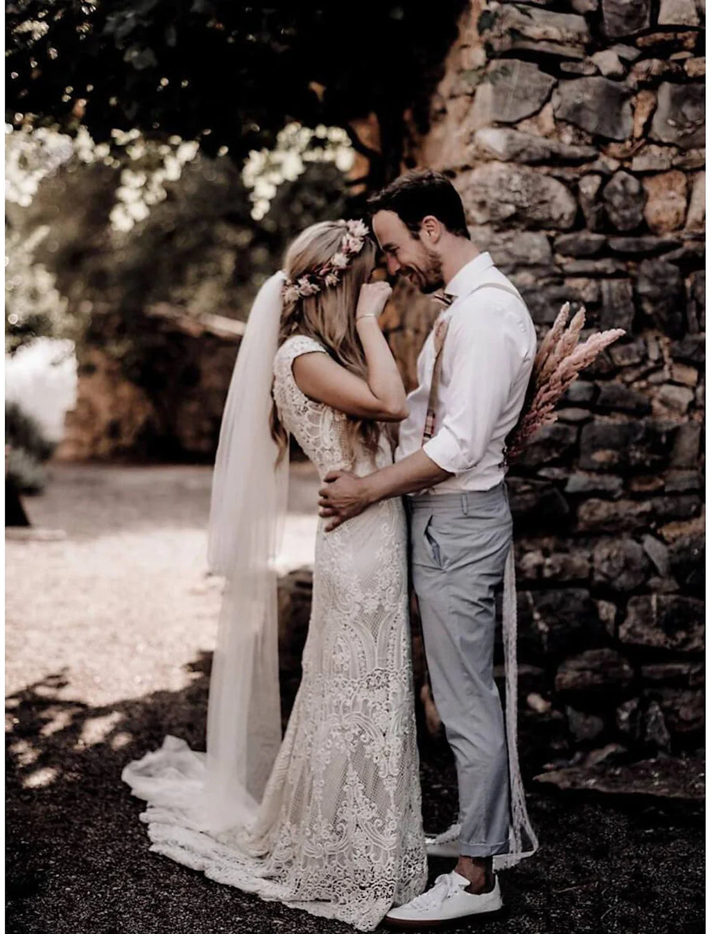 Mermaid V-Neck Lace Cap Sleeve Train Wedding Gown - Chloe Dress