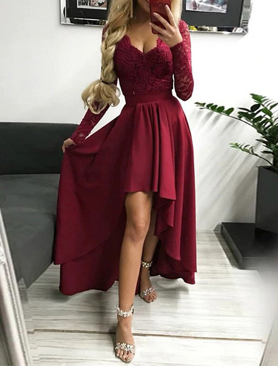 A-Line V-Neck Polyester Long Sleeve Asymmetric Prom Dress - Chloe Dress