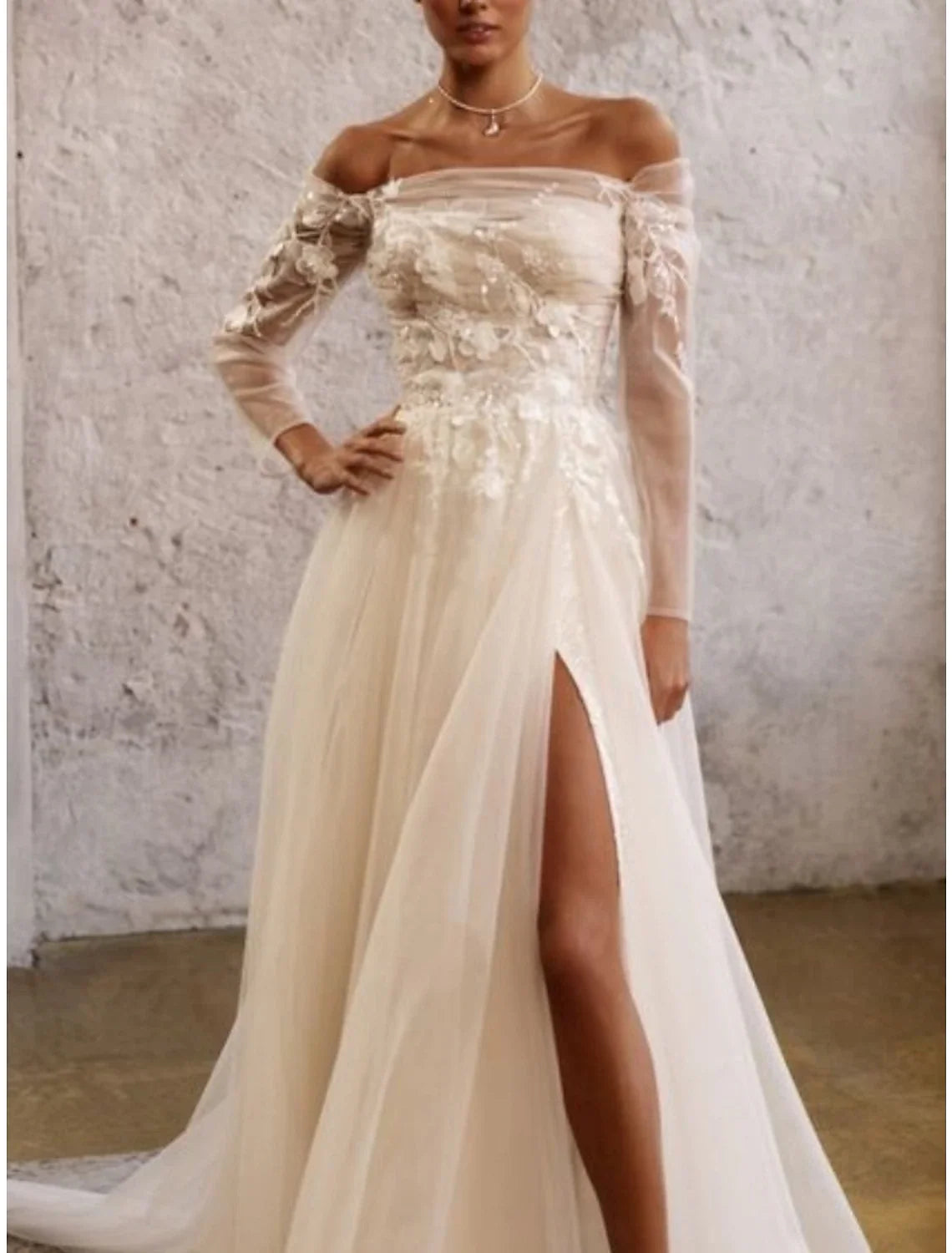A-Line Off-Shoulder Lace Long Sleeve Pleated Wedding Gown - Chloe Dress