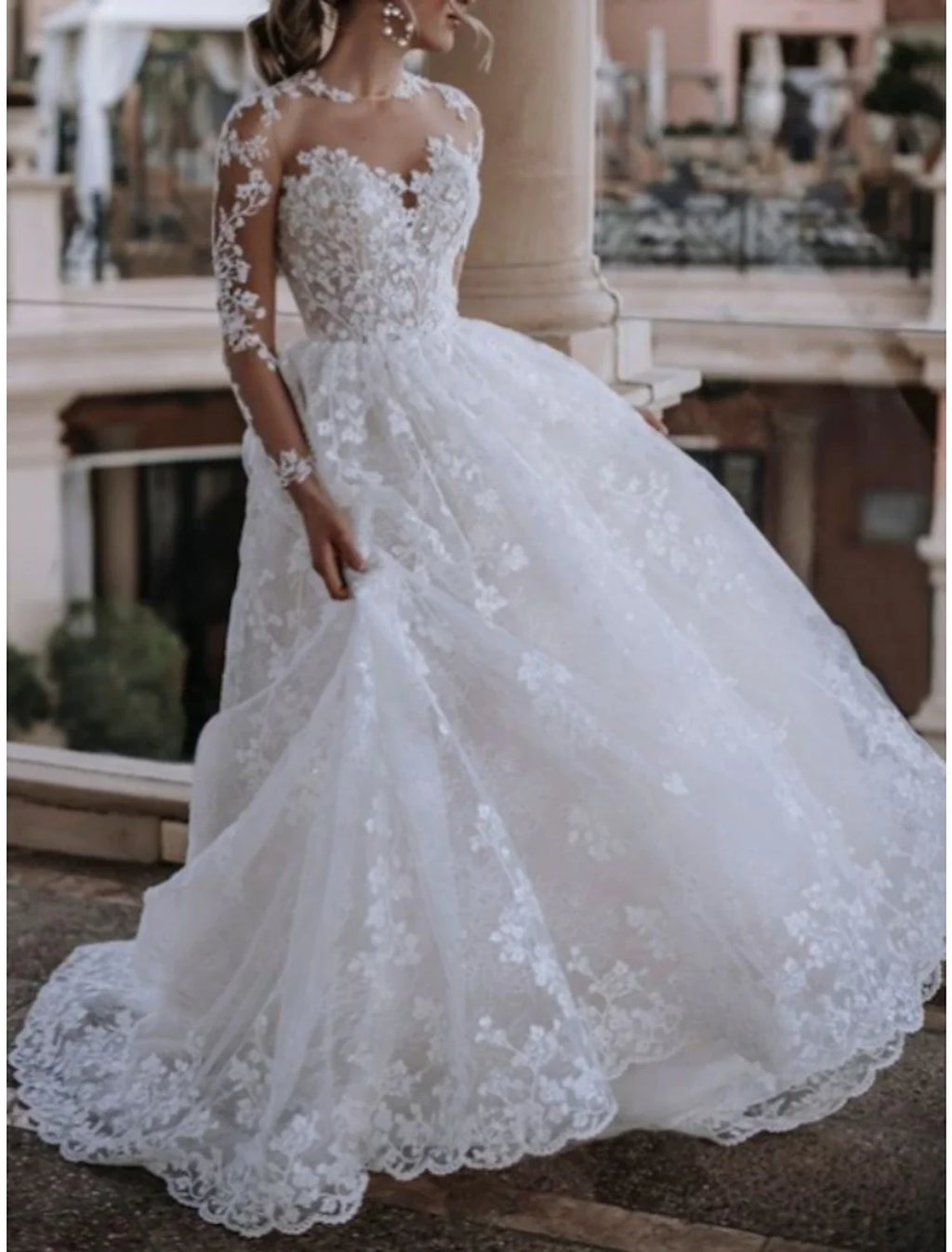 A-Line Illusion Lace Long Sleeve Pleated Wedding Gown - Chloe Dress