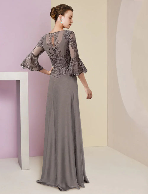 A-Line V-Neck Chiffon Three-Quarter Sleeve Train Formal Dress - Chloe Dress