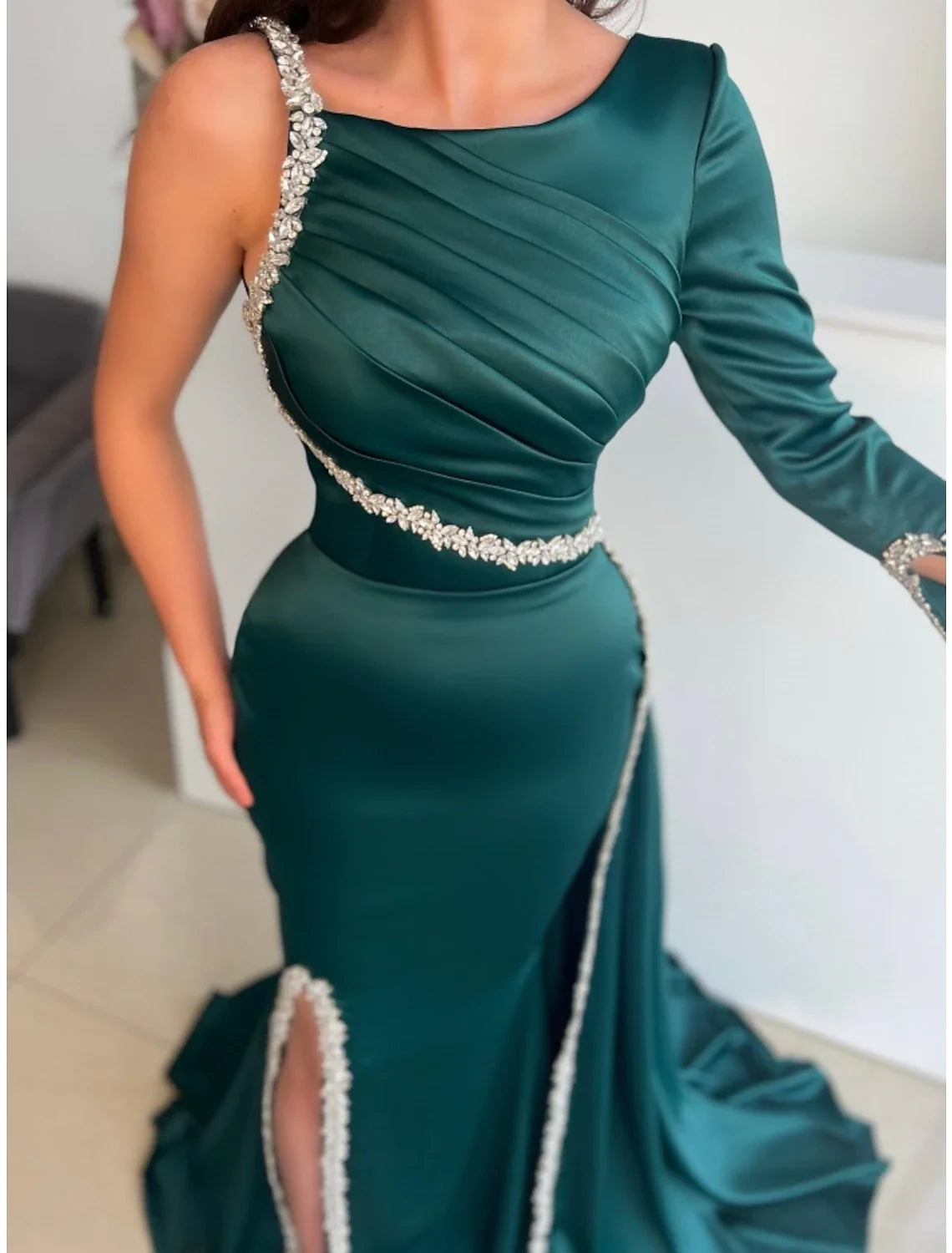 Green Sheath Satin Long Sleeve Pleated Evening Gown - Chloe Dress