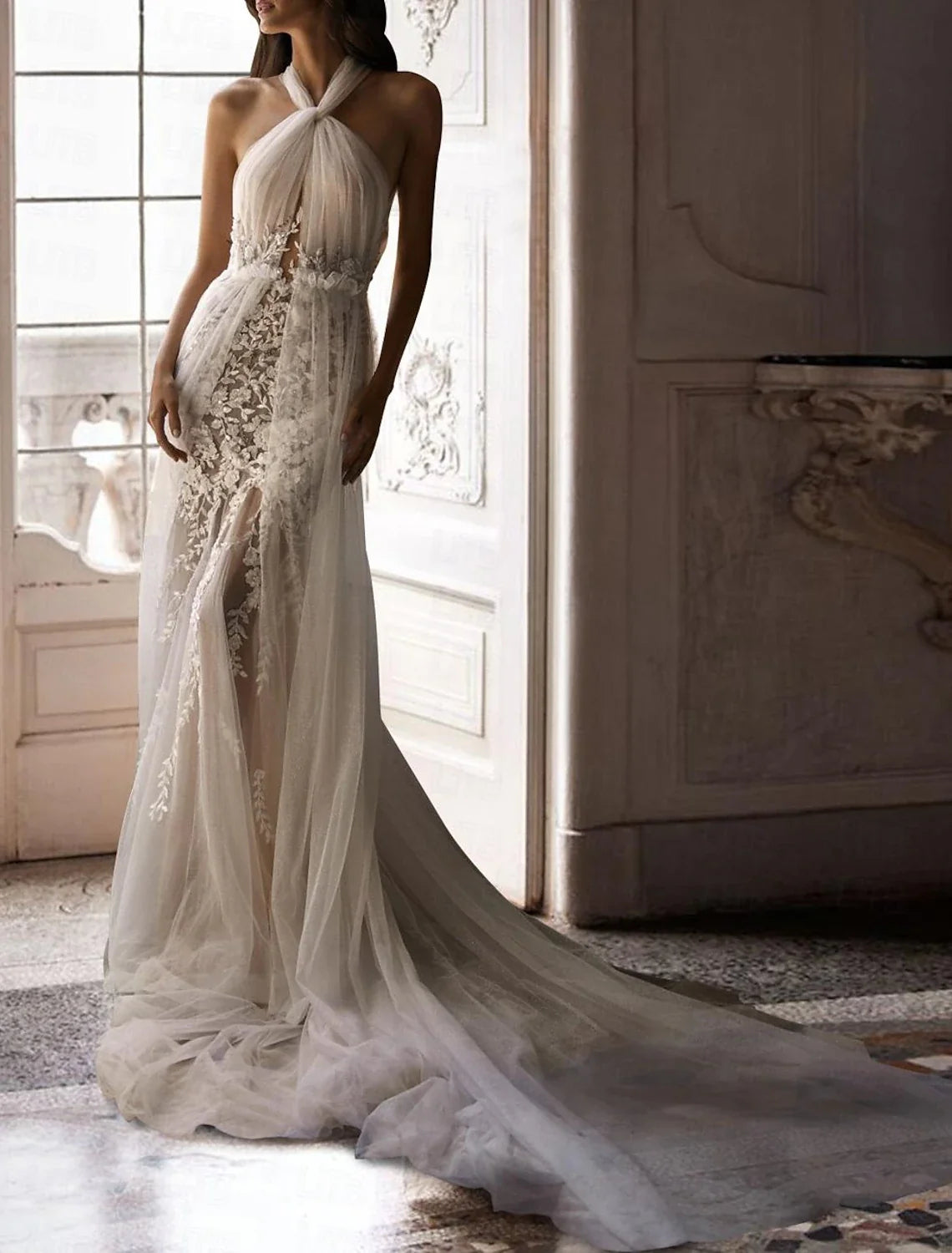 White Sheath Lace Sleeveless Train Wedding Gown - Chloe Dress