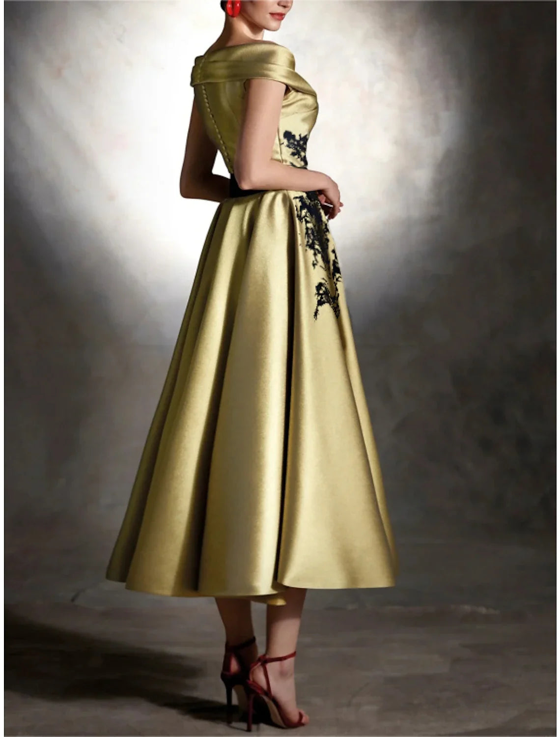 Champagne A-Line Off-Shoulder Satin Sleeveless Pleated Tea-Length Wedding Dress - Chloe Dress