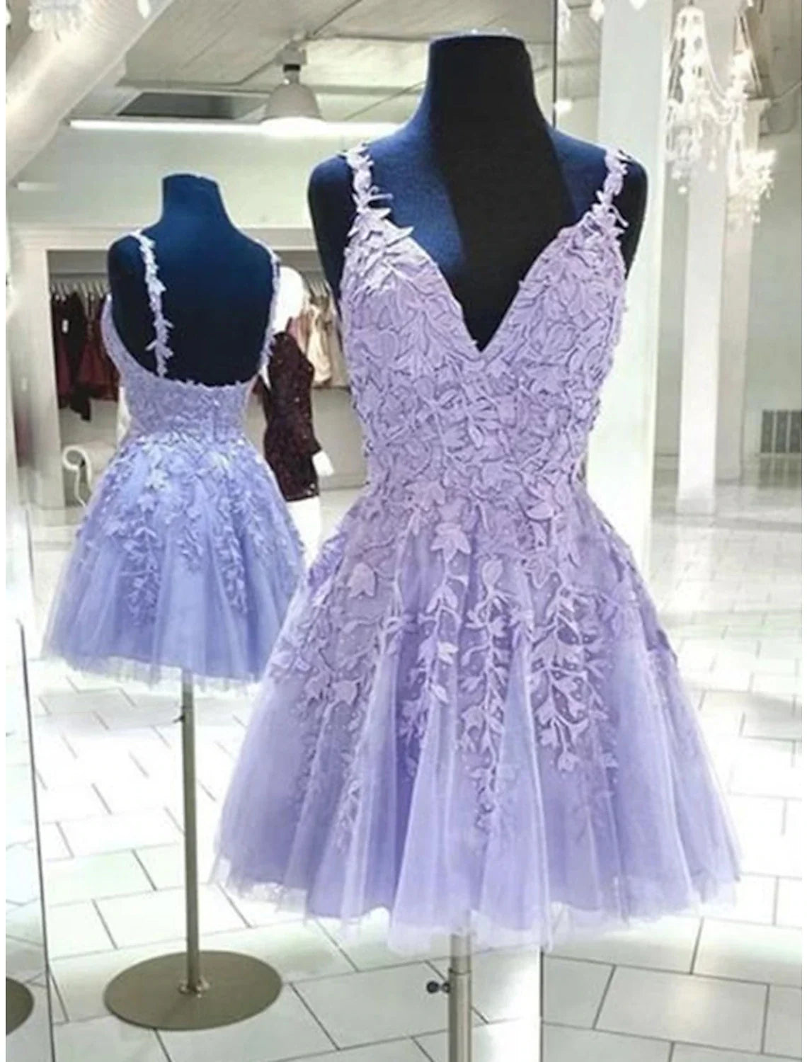 A-Line Spaghetti Strap Tulle Sleeveless Backless Applique Mini Homecoming Dress - Chloe Dress
