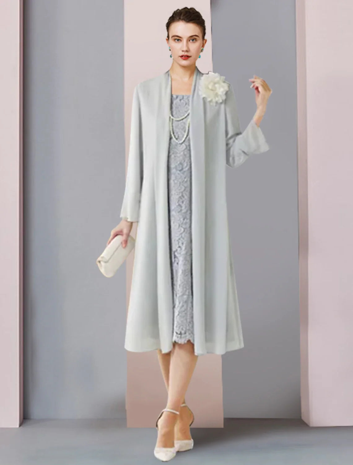Sheath Chiffon Three-Quarter Sleeve Tea-Length Wedding Dress - Chloe Dress