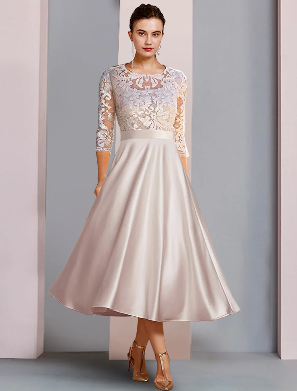 A-Line Satin Three-Quarter Sleeve Applique Tea-Length Wedding Dress - Chloe Dress