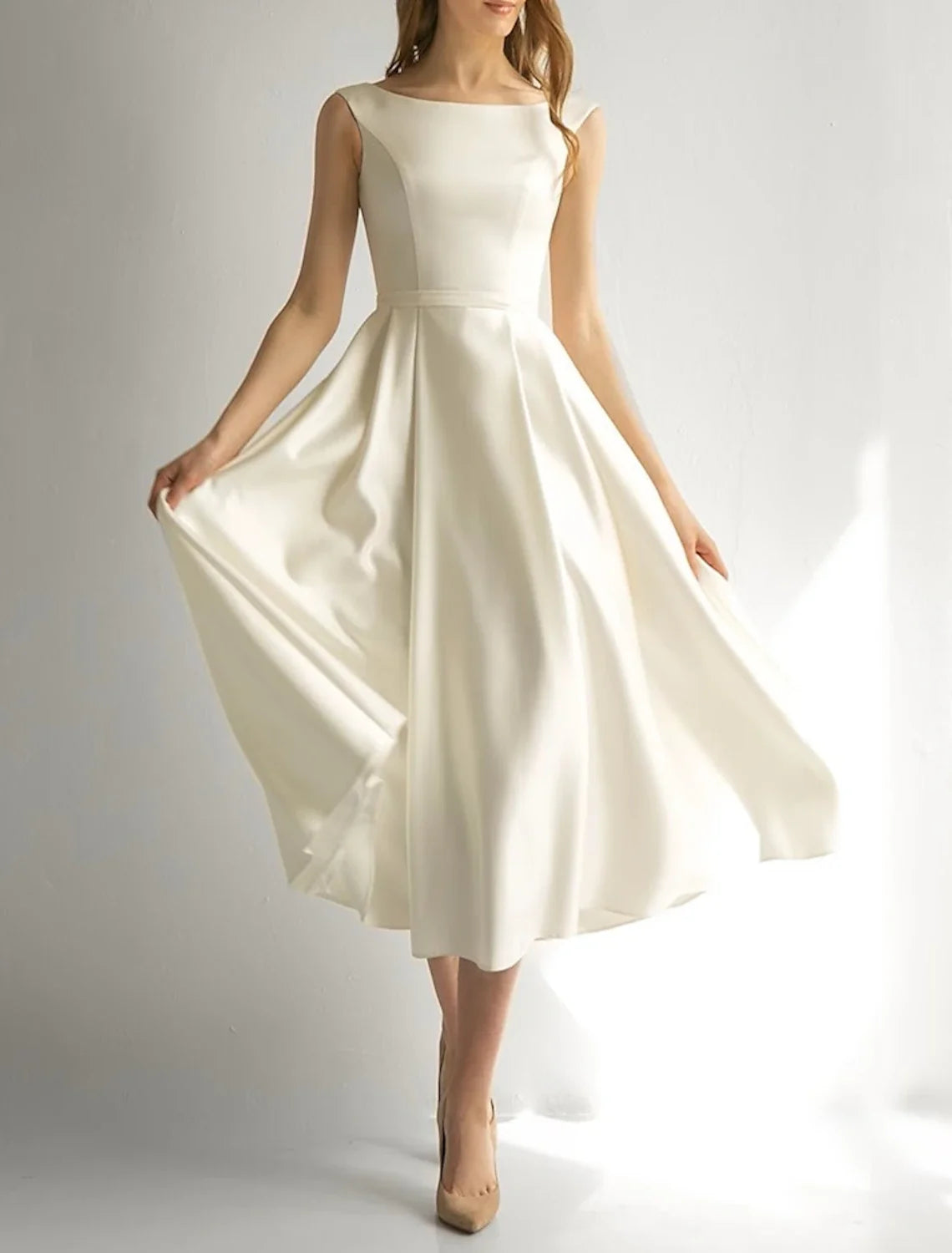 A-Line Sweetheart Chiffon Long Sleeve Tea-Length Wedding Gown - Chloe Dress