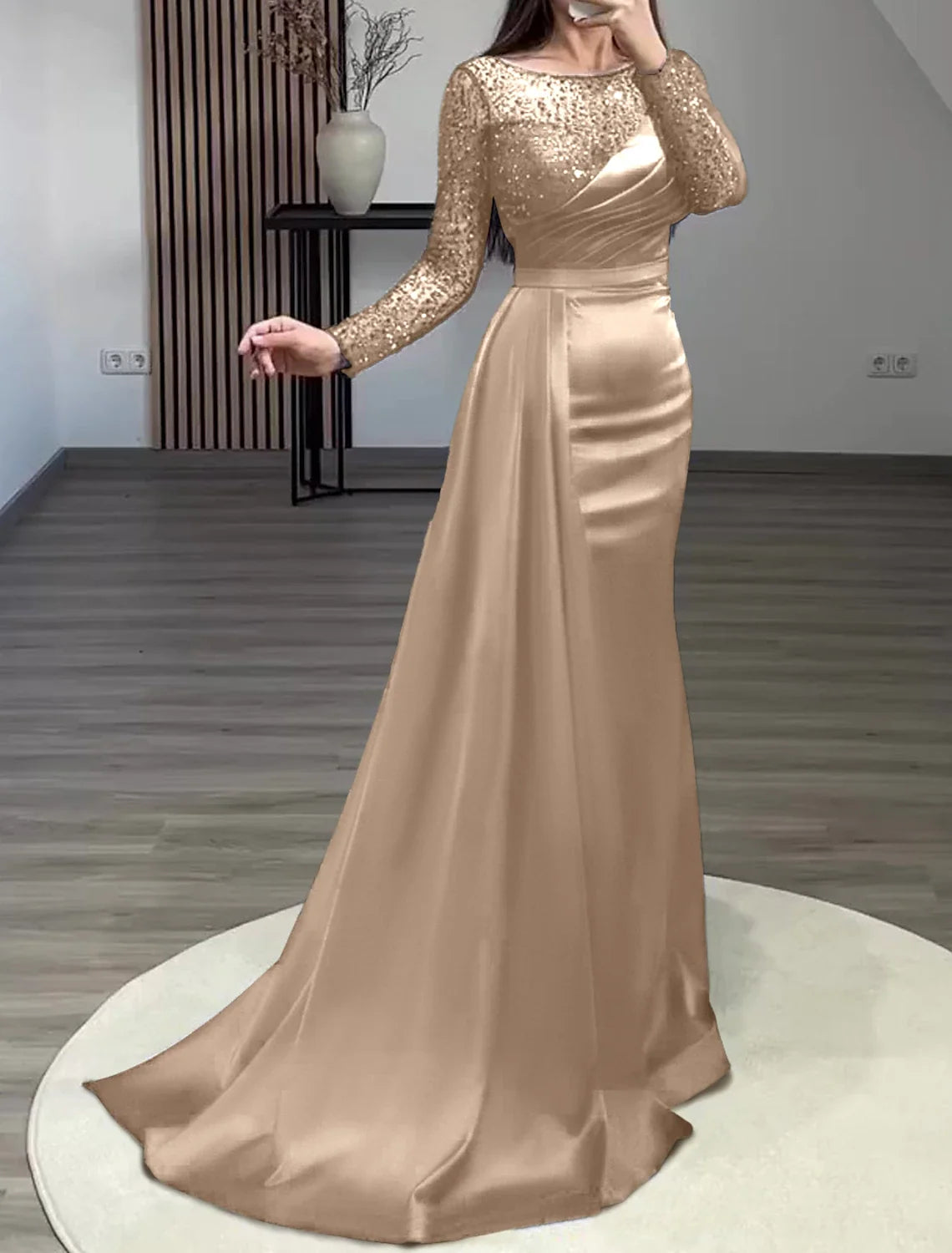 Green Mermaid Sequin Long Sleeve Train Evening Gown - Chloe Dress