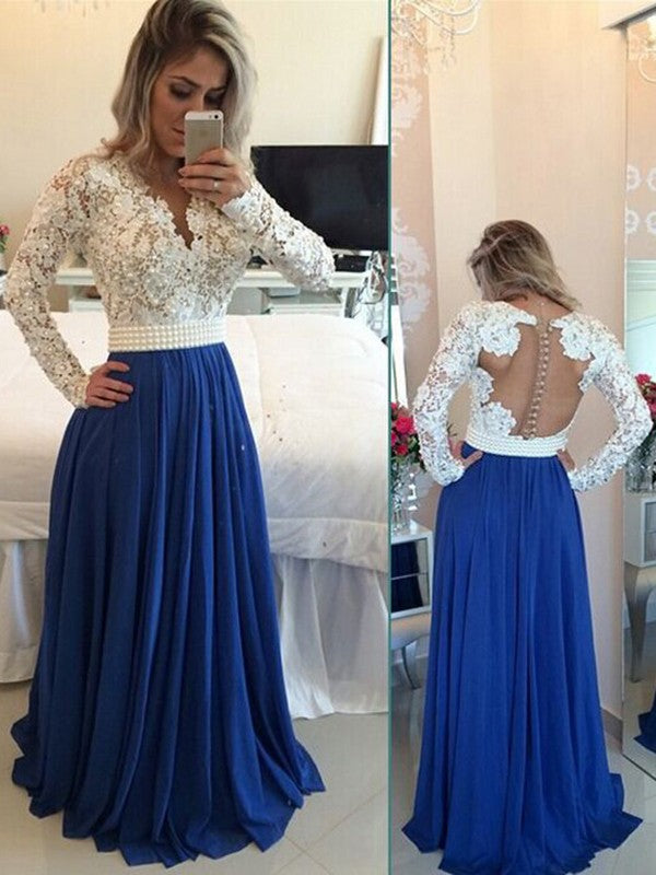 A-Line V-Neck Chiffon Long Sleeve Floor-Length Dress - Chloe Dress