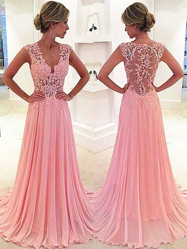 A-Line V-Neck Chiffon Sleeveless Train Dress - Chloe Dress