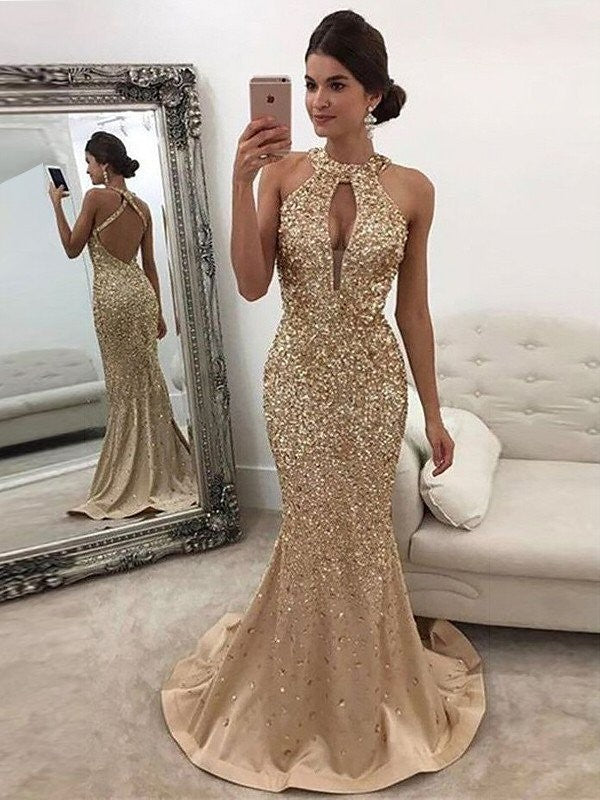 Mermaid Halter Satin Sleeveless Train Dress - Chloe Dress
