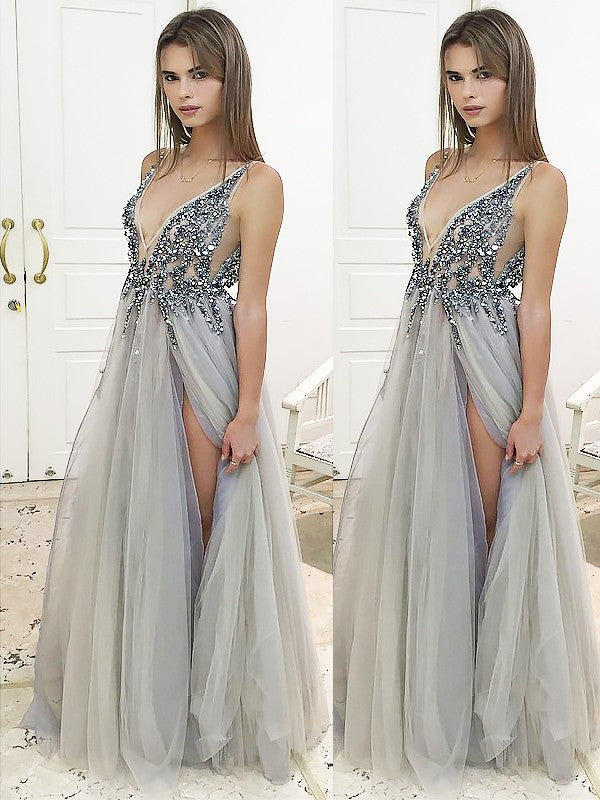 A-Line V-Neck Tulle Sleeveless Floor-Length Dress - Chloe Dress