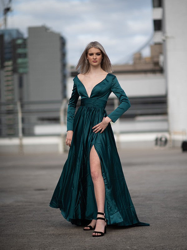 A-Line V-Neck Satin Long Sleeve Ruffled Floor-Length Dress - Chloe Dress